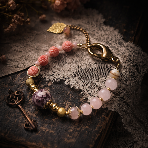 Bracelet ajustable femme printanier romantique bohème boho breloque perle verre rose clair perle rose motif fleur fleurie gros mousqueton