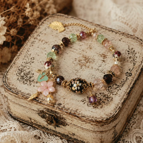 Bracelet femme ajustable printanier fleuri fleur bohème romantique boho perle verre violette verte clair perle motif rose breloque cadenas