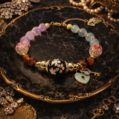Bracelet femme ajustable printanier fleuri fleur bohème romantique boho perle verre violette bleue clair perle motif rose breloque cadenas