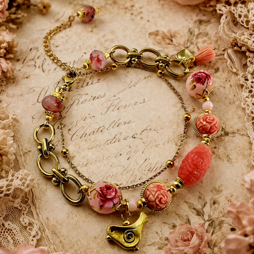 Bracelet femme ajustable romantique bohème boho double chaine couleur or acier inoxydable perle rose motif fleuri breloque oiseau coeur