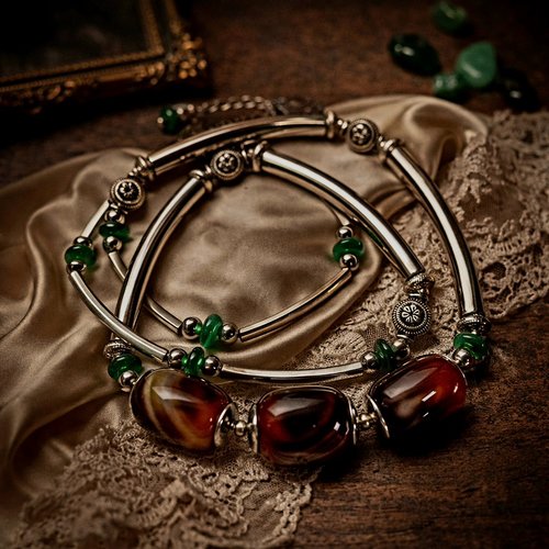 Collier ou bracelet femme ajustable 2 en 1 trois rangées tube argenté perle heishi verte perle pierre naturelle agate à rayure