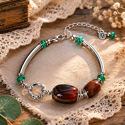 Bracelet femme ajustable intemporel chic tube argenté perle heishi verte perle pierre tonneau naturelle agate marron à rayure de paon
