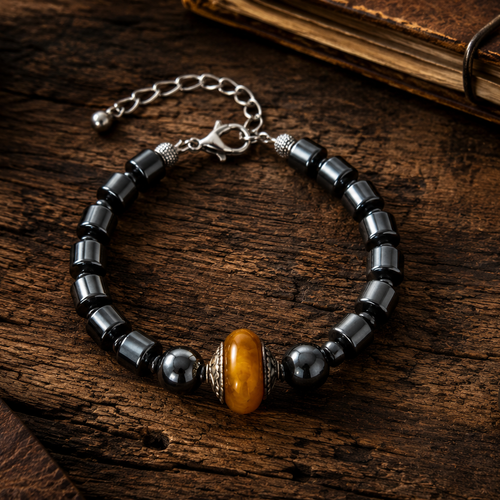 Bracelet ajustable homme masculin esprit élégance caractère baroudeur aventurier surfeur perle hématite forme tube perle centrale orange