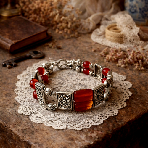 Bracelet manchette non ajustable argenté véritable perle naturelle orange agate petite perle breloque argentée tibétaine deux rangées