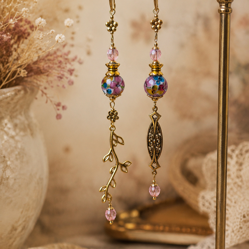 Boucle oreille pendante dorée femme romantique bohème printanière perle rose perle fleurie multicolor breloque fleur feuille filigrane
