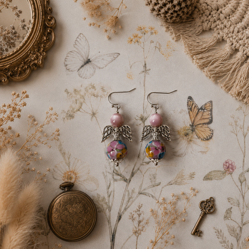 Boucle oreille pendante dorée femme romantique bohème printanière petite perle marron perle rose fleurie breloque feuille inoxydable