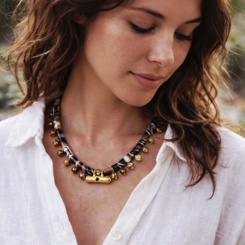 Collier ras du cou femme véritable perle tube agate naturelle brune marron café breloque doré or acier inoxydable perle scintillante