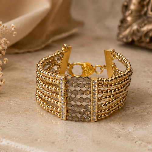Bracelet manchette ajustable femme sept rangées rangs petite perle dorée acier inoxydable perle bicône facette brillante inoxydab