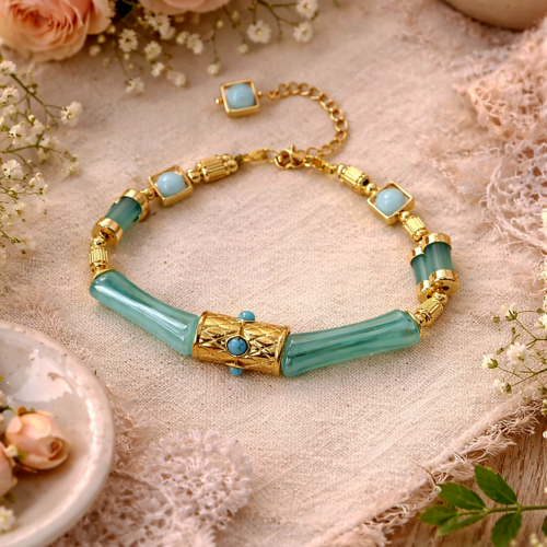 Bracelet femme romantique ajustable réglable perle centrale acier inoxydable perle verte tube tonneau verre breloque intercalaire carré