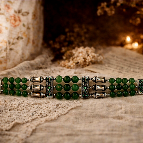Bracelet manchette femme romantique trois rangées rangs choix doré ou argent acier inoxydable véritable perle verte jade naturelle