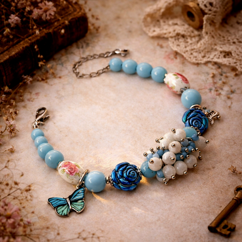 Bracelet femme ajustable printanier romantique pétillant belle saison oiseau perle bleue fleurie fleur rose perle blanche pierre naturelle