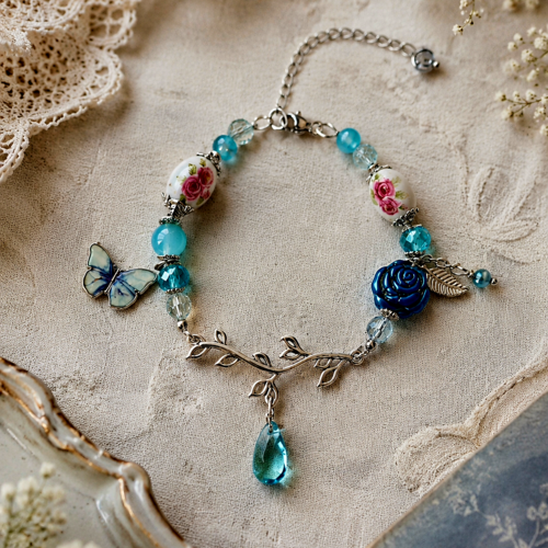 Bracelet femme ajustable printanier romantique pétillant belle saison perle bleue feuille fleurie fleur rose perle blanche pierre naturelle