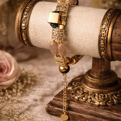 Bracelet ajustable femme véritable pierre naturelle de soleil couleur rosée perle donut bleue lapis lazuli breloque dorée inoxydable