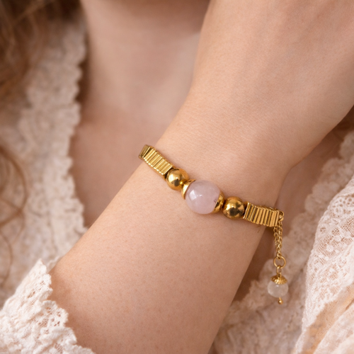 Bracelet ajustable acier doré inoxydable unisexe mixte homme femme breloque carré perle ronde dorée perle pierre naturelle rosée