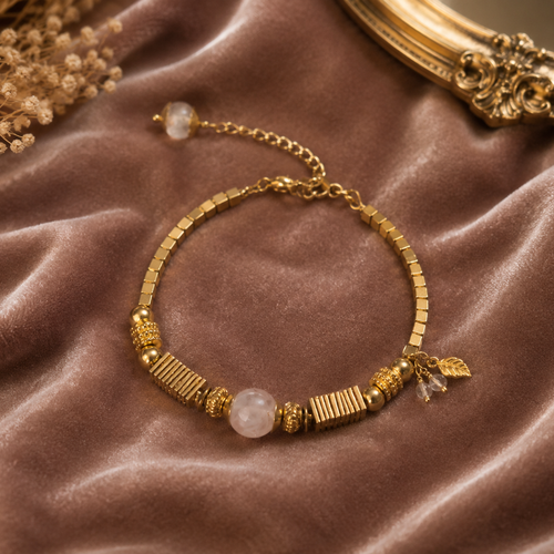 Bracelet ajustable acier doré inoxydable femme intemporel breloque ronde perle carrée hématite dorée perle pierre naturelle rosée