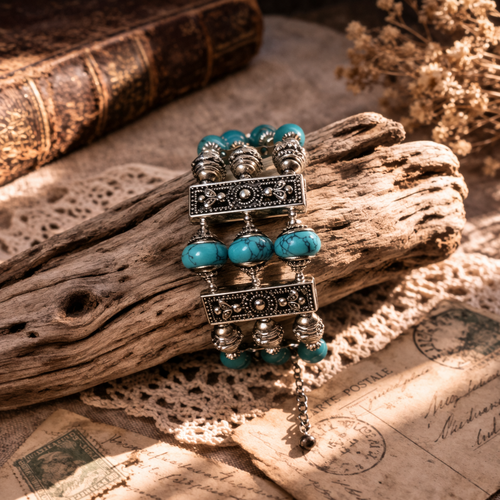 Bracelet manchette femme réglable ajustable décontracté trois rangées rangs couleur argenté breloque couleur argent perle bleue