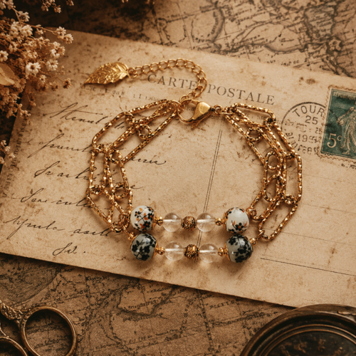 Bracelet ajustable femme romantique bohème printanier perle fleur fleurie perle blanche double rangée rangs maillon chaine inoxydable