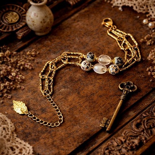 Bracelet ajustable femme romantique bohème printanier perle fleur fleurie perle blanche double rangée rangs maillon chaine inoxydable