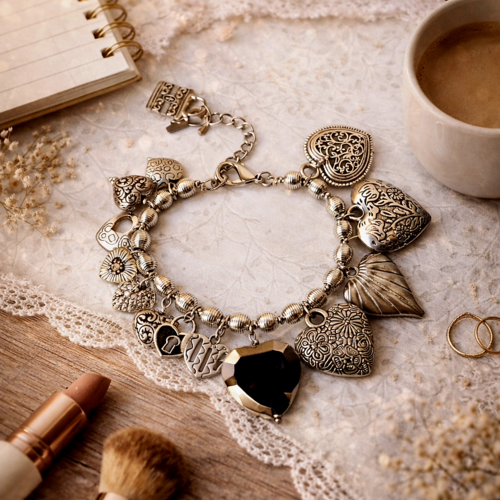 Bracelet femme ajustable romantique bohème original plusieurs tailles breloques coeurs amour couleur argent argenté petites perles striée