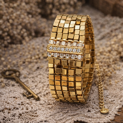 Bracelet manchette femme ajustable petit perle cube carré couleur doré pierre hématite inoxydable connecteur strass boho perle