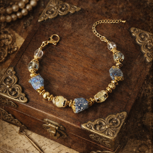 Bracelet femme ajustable véritable fragment naturelle agate bleue perle jaune irisée breloque acier inoxydable perle transparente