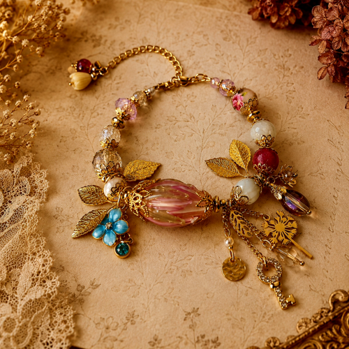 Bracelet femme ajustable fleuri printanier bohème romantique grosse fleur centrale rose verre chalumeau différente breloque inoxydable