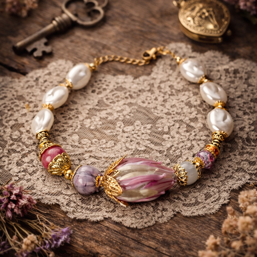 Bracelet femme ajustable fleuri printanier bohème romantique grosse fleur verre chalumeau style imitation perle de culture ovale blanche