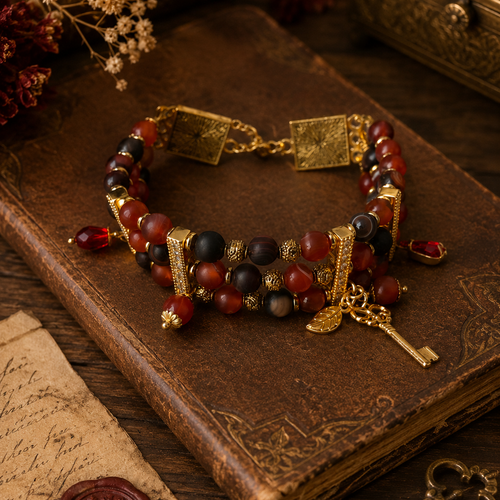 Bracelet manchette femme ajustable trois rangées rangs véritable perle naturelle agate rouge noire irisée breloque dorée inoxydable
