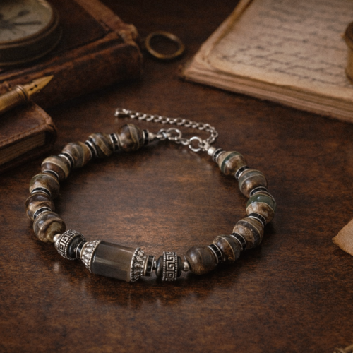 Bracelet homme ajustable réglable mode intemporel surf véritable perle agate facetté dzi naturelle tibétaine marron rayure milieu verte