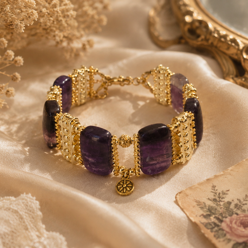 Bracelet manchette boho femme perle rectangulaire fluorite véritable pierre naturelle violette breloque fermoir rond dorée inoxydable