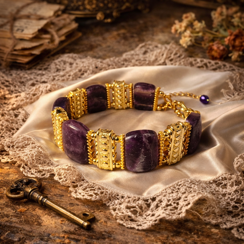 Bracelet manchette boho femme perle rectangulaire fluorite véritable pierre naturelle violette breloque fermoir rond dorée inoxydable