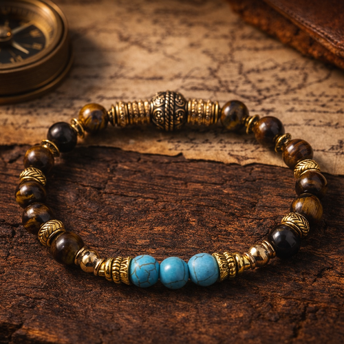 Bracelet homme élastique véritable perle ronde naturelle marron oeil de tigre perle bleue howlite breloque séparateur doré inoxydable