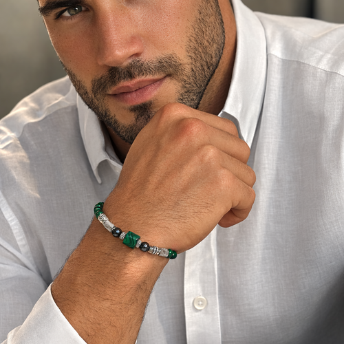 Bracelet homme ajustable véritable perle naturelle verte malachite hématite grise breloque séparateur couleur argenté acier inoxydable