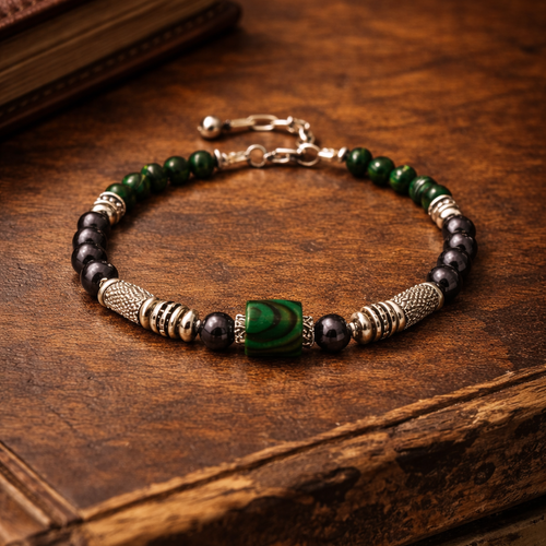 Bracelet homme ajustable véritable perle naturelle verte malachite hématite grise breloque séparateur couleur argenté acier inoxydable