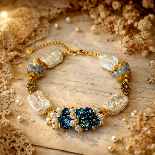 Bracelet femme ajustable perle plate naturelle eau douce blanche fragment perle agate bleue petite  fleur bleue breloque acier inoxydable