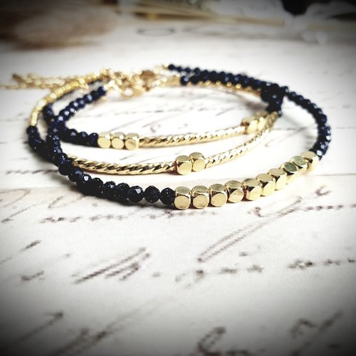 Lot 3 bracelets ajustables bohème romantique boho petite perle noire pailletée blanche fil dorée acier inoxydable breloque inoxydable