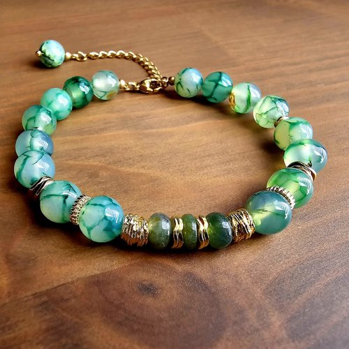 Bracelet mixte homme femme vrai perle naturelle agate verte veine dragon perle forme donut création modèle unique breloque inoxydable