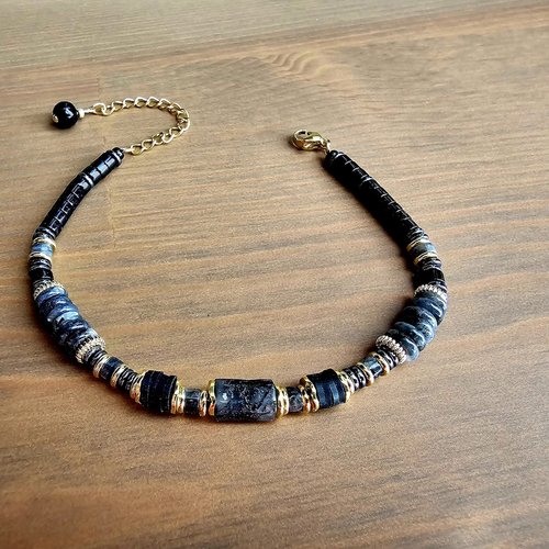 Bracelet mixte homme femme ajustable réglable véritable perle pierre noire grise quartz nuancé création modèle unique plaisir cadeau