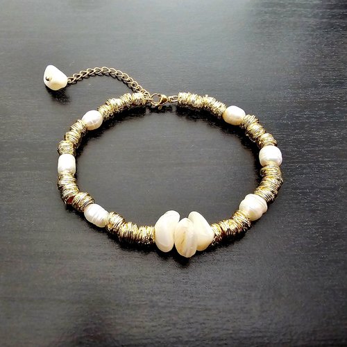 Bracelet ajustable egypte déesse véritable perle eau douce blanche gravier perle breloque doré acier inoxydable création modèle unique