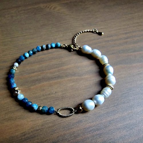 Bracelet ajustable bohème petite perle apatite bleue véritable perle eau douce blanche breloque chaine acier inoxydable anneau doré