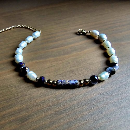 Bracelet ajustable perle façonnée violette acier inoxydable véritable perle eau douce blanche artisanat bohème romantique boho