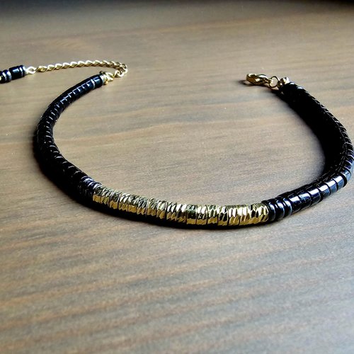 Bracelet noir mixte homme femme ajustable réglable perle ronde noire dorée artisanat création modèle unique breloque acier inoxydable