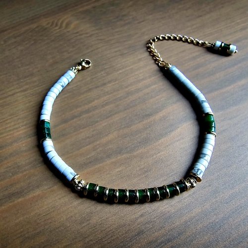 Bracelet fin mixte ajustable perle pierre naturelle blanche howlite verte foncée en agate breloque acier inoxydable artisanat fait main