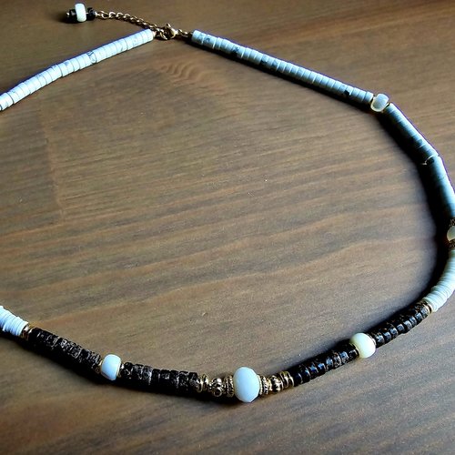 Collier mixte homme femme ajustable ras du cou perle pierre naturelle blanche howlite perle en coquillage breloque chaine acier inoxydable