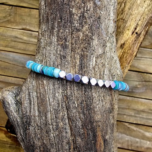 Bracelet mixte élastique ajustable perle bleue heishi nacre coquillage perle hexagonale hématite couleur argent création modèle unique