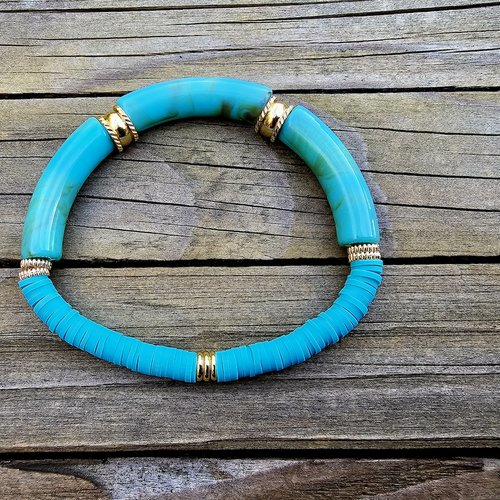 Bracelet femme fille élastique ajustable perle turquoise tube nuance marron ronde rondelle plate argile polymère artisanat tendance mode