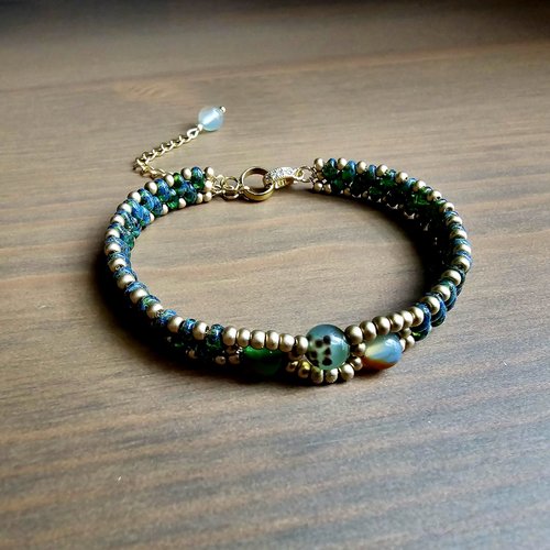 Bracelet ajustable femme perle rocaille tchèque double trou bleue verte picasso perle ronde lisse couleur paon création modèle unique