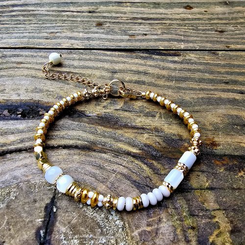 Bracelet ajustable femme perle rocaille tchèque double trou doré picasso perle ronde nacre lisse couleur blanche création modèle unique