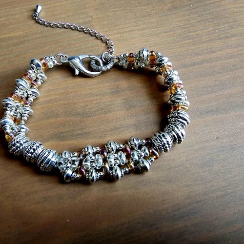 Bracelet manchette style ethnique mixte ajustable perle rocaille tchèque picasso double trou marron argent breloque argenté création