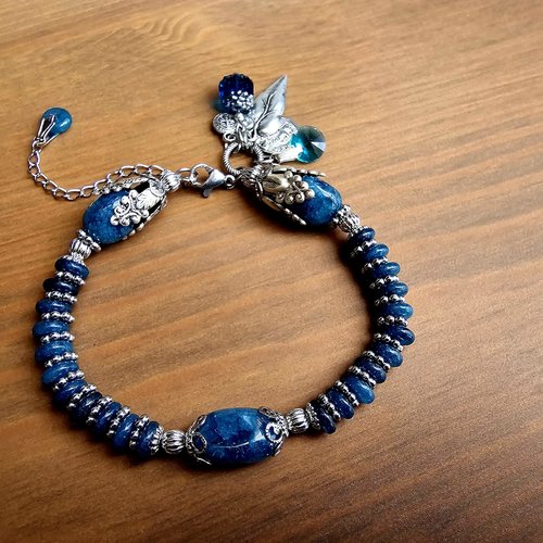 Bracelet ajustable femme véritable perle naturelle topaze bleue foncée breloque acier inoxydable couleur argent artisanat unique fait main